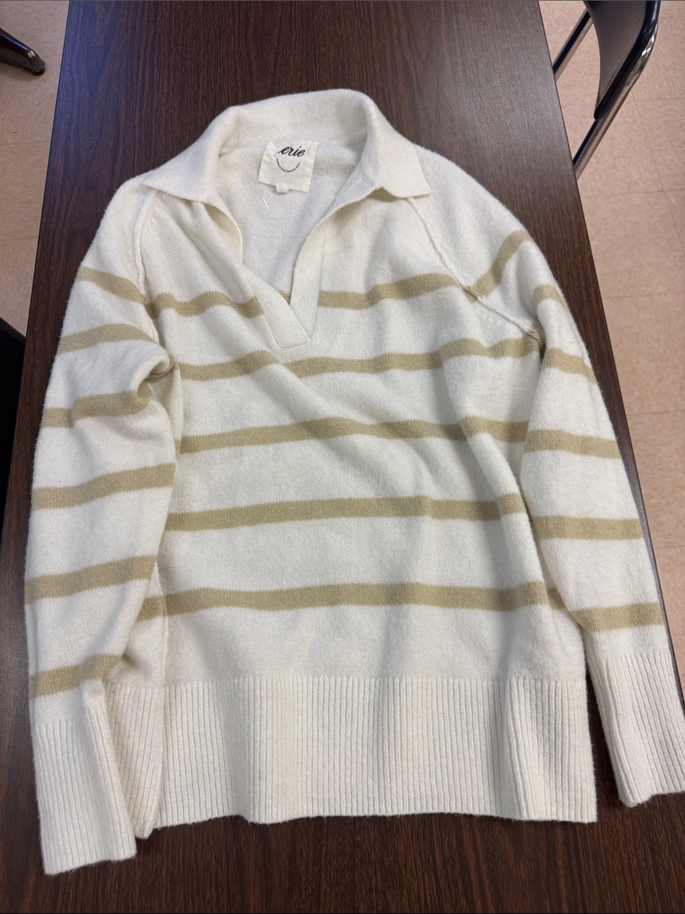 aerie Cream and Tan Striped V-Neck Women's Sweater